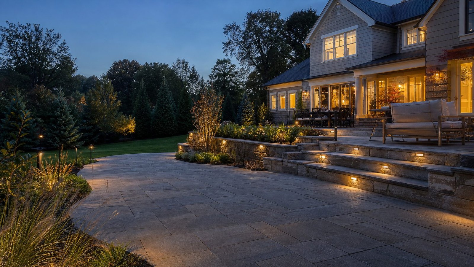 Editorial visualization of coordinated hardscaping, steps, retaining features, and lighting for a Mendham property