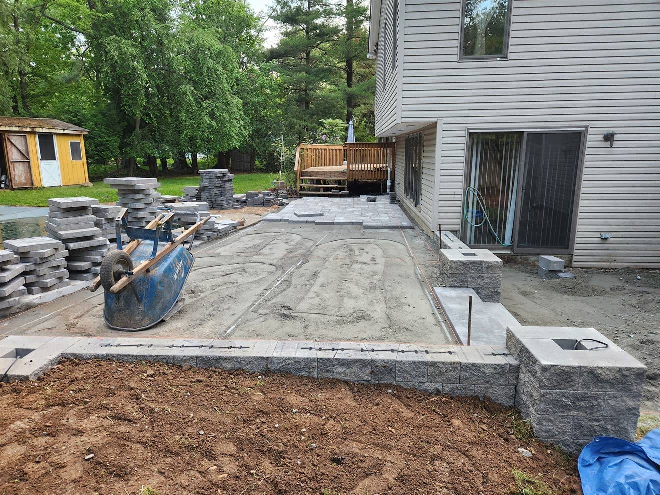 Large patio base and wall elements during construction